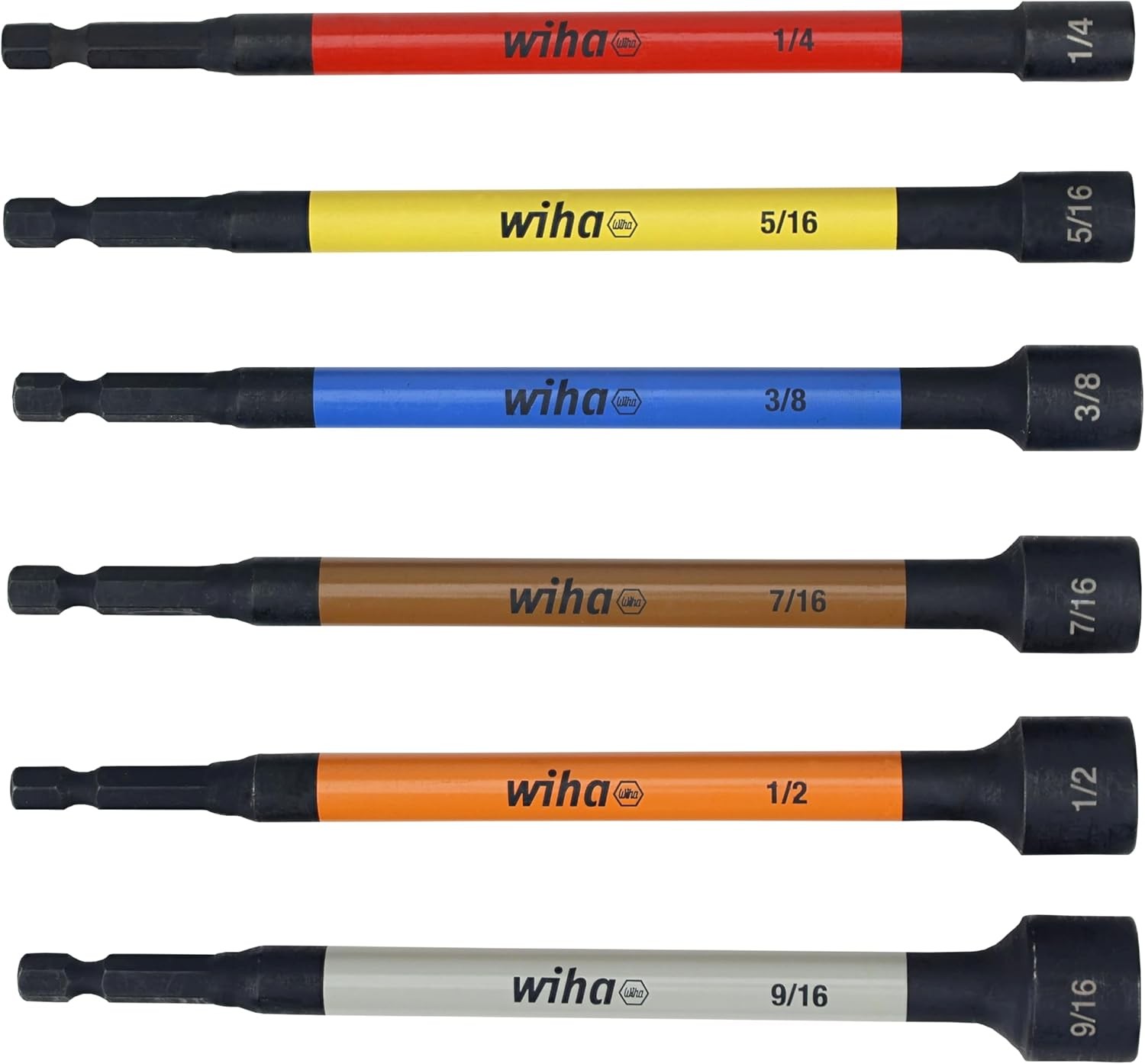 WIHA 70486 MAGNETIC NUT SETTER SET, 6 PIECE SAE, COLOR CODED, 1/4-INCH HEX DRIVE