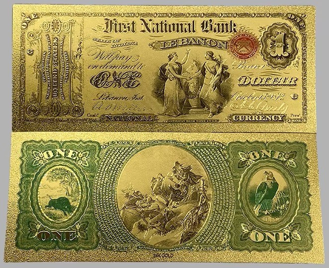 USA 1 DOLLAR 1872 BU RED SEAL,FANTASY NOTE,GOLD FOIL,FIRST NATIONAL BANK STATE O