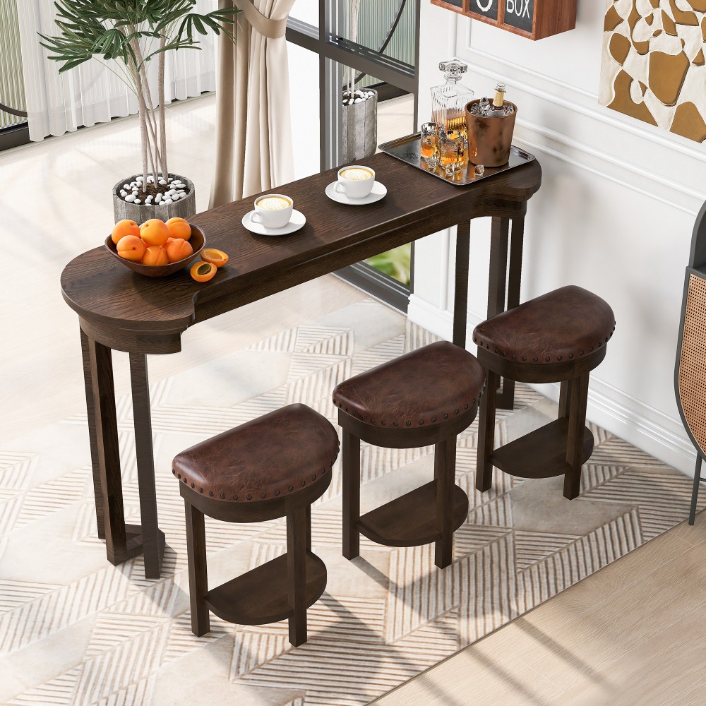 Bar Table with 3 PU Leather Upholstered Bar Stools and Footrest Shelf
