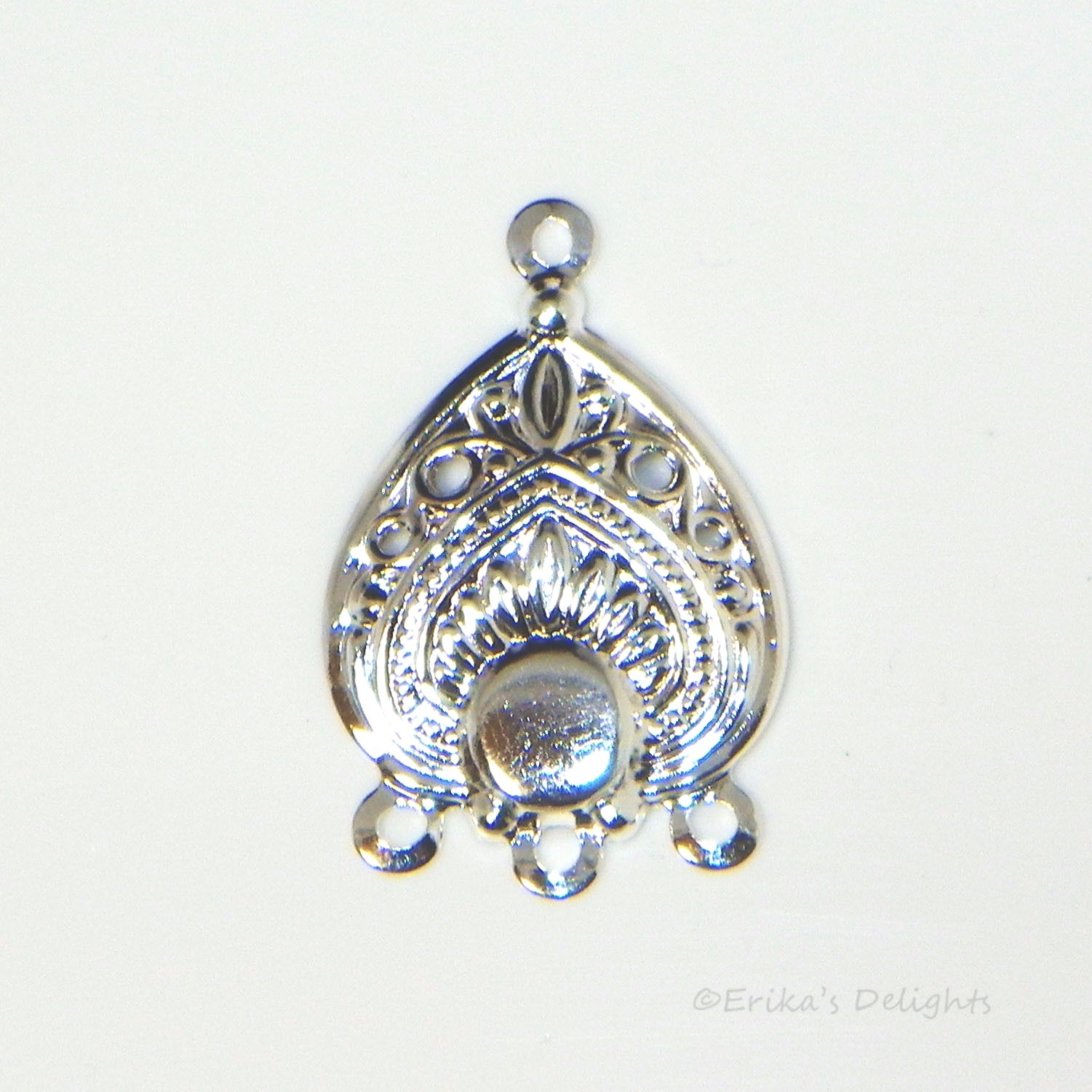 4mm Round Silver Plated Filigree Teardrop Cab Drop Setting with 3 Loops (2pcs)