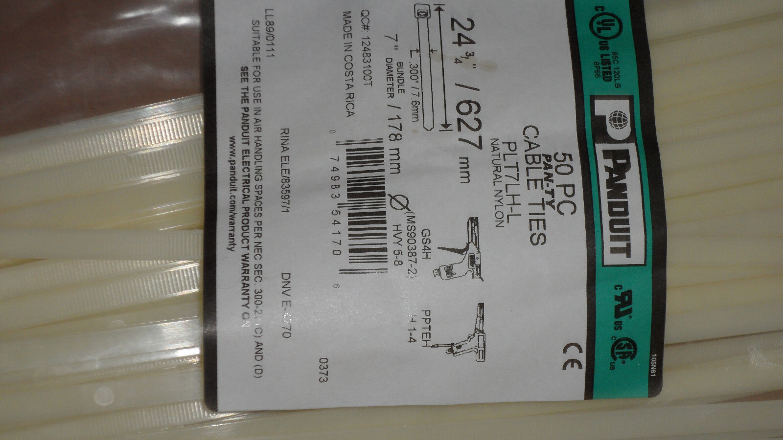PANDUIT PLT7LH-L Cable Tie, 24-1/2 in L, 7 in Max Bundle Dia., Natural, Nylon