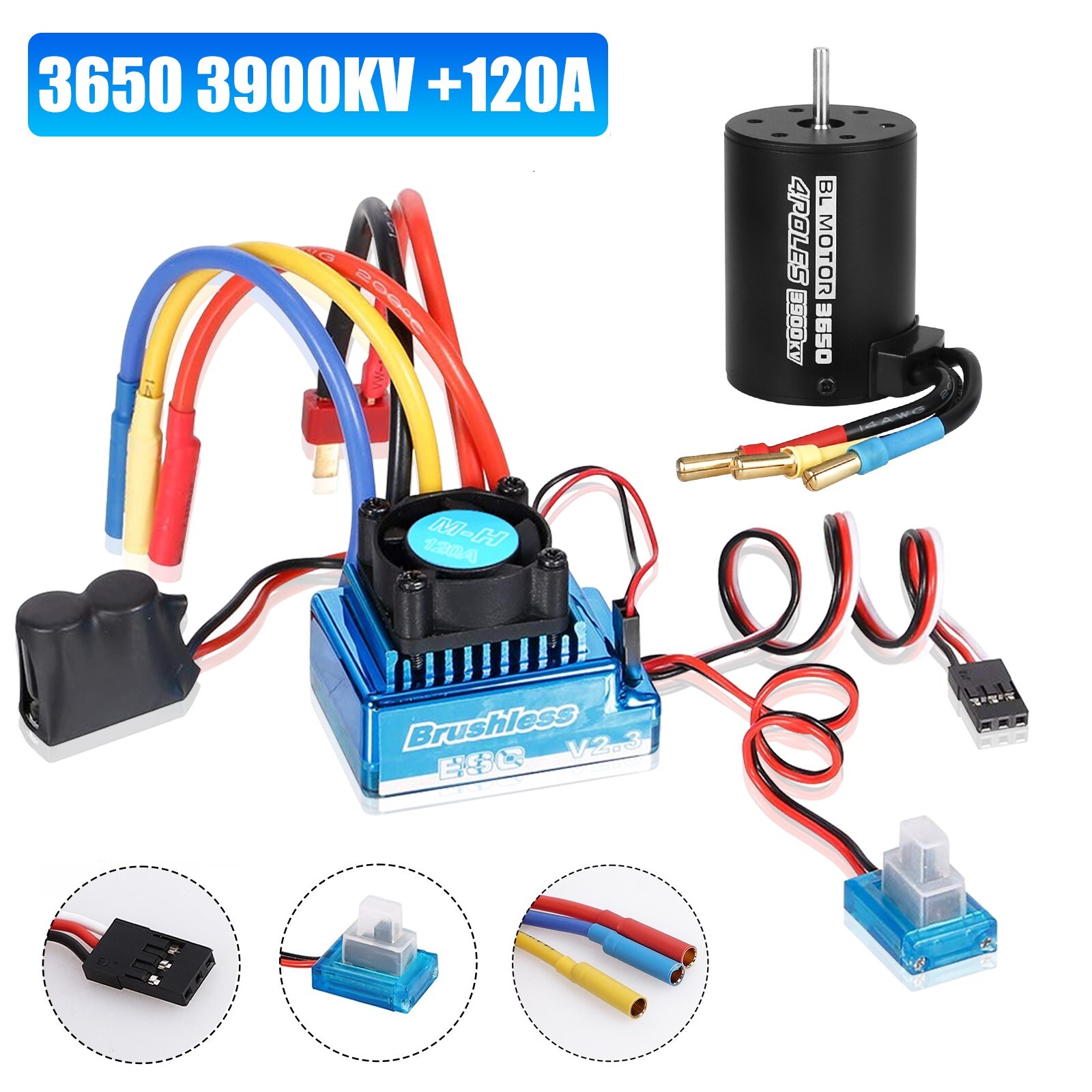3650 3900KV Brushless Motor + 120A ESC Combo Set for 1/10 1/8 1/12 RC Car Truck