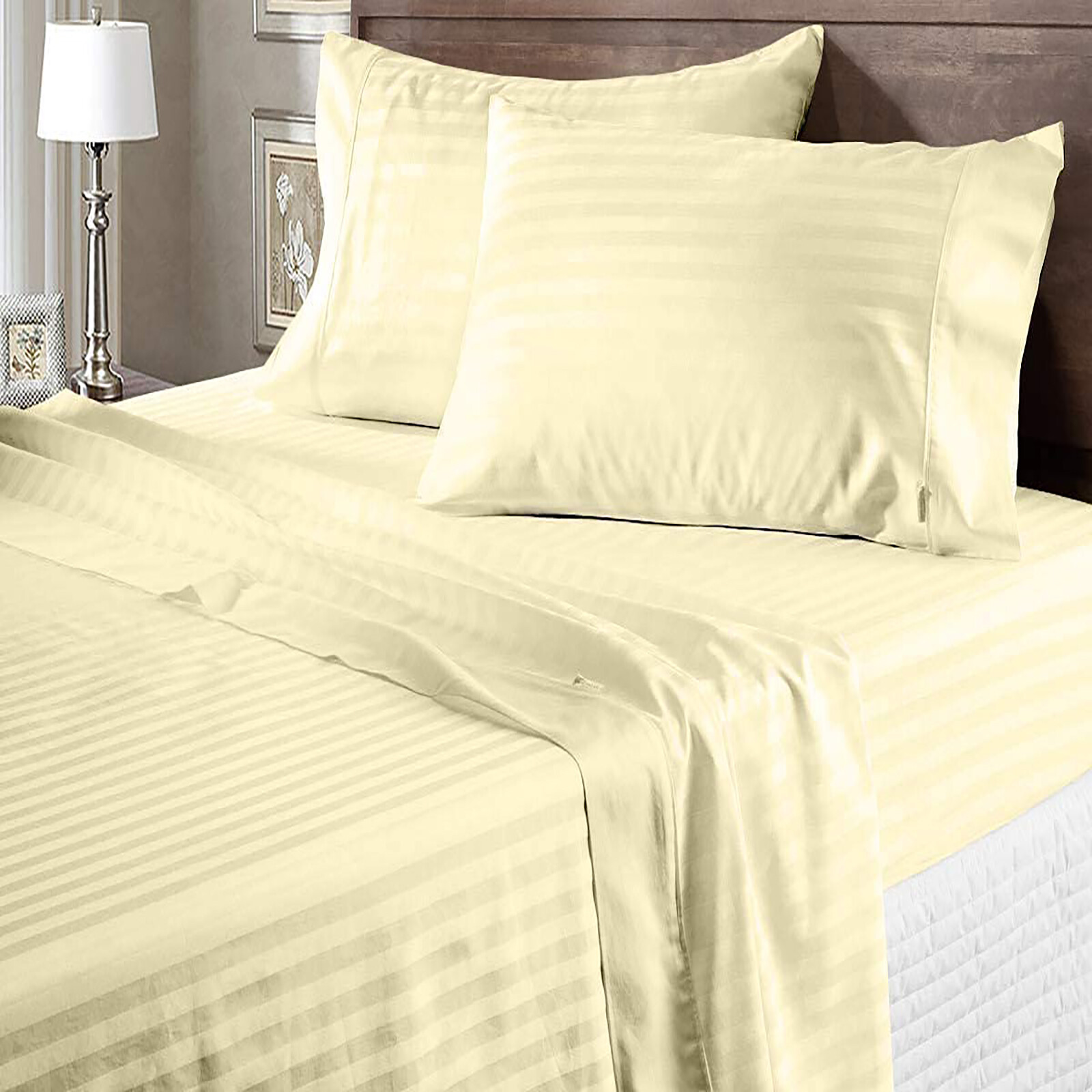 Extra Deep Pocket 6 PCs Sheet Set 1200 Count 100% Cotton Ivory Stripe