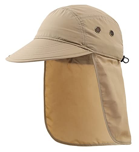 Mens UV Sun Protection Cap Safari Hike Cap with Neck Flap Fishing Hat Khaki