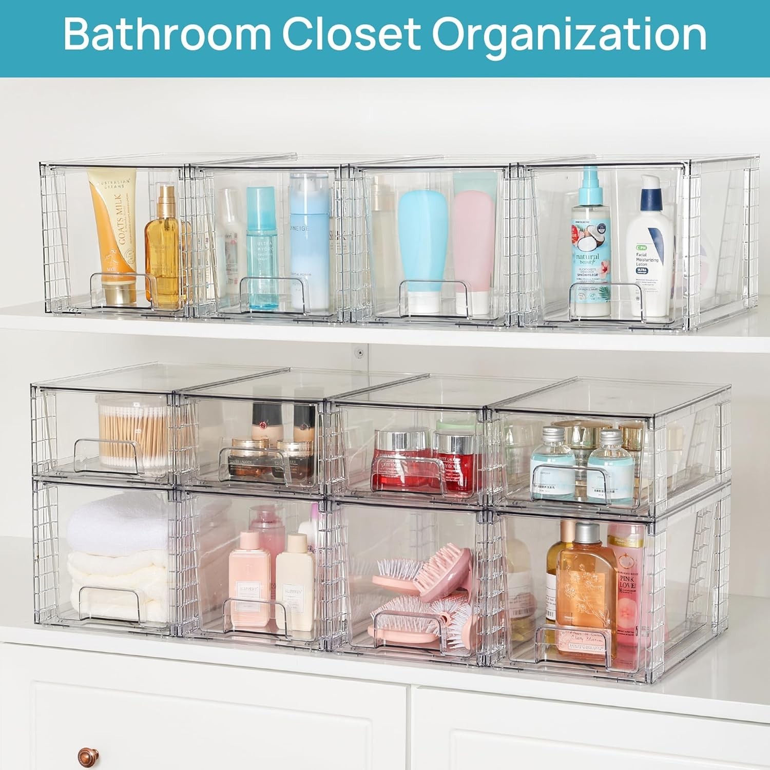 4 Pack Large Stackable Storage Drawers,Easily Assemble Acrylic Bathroom Closet