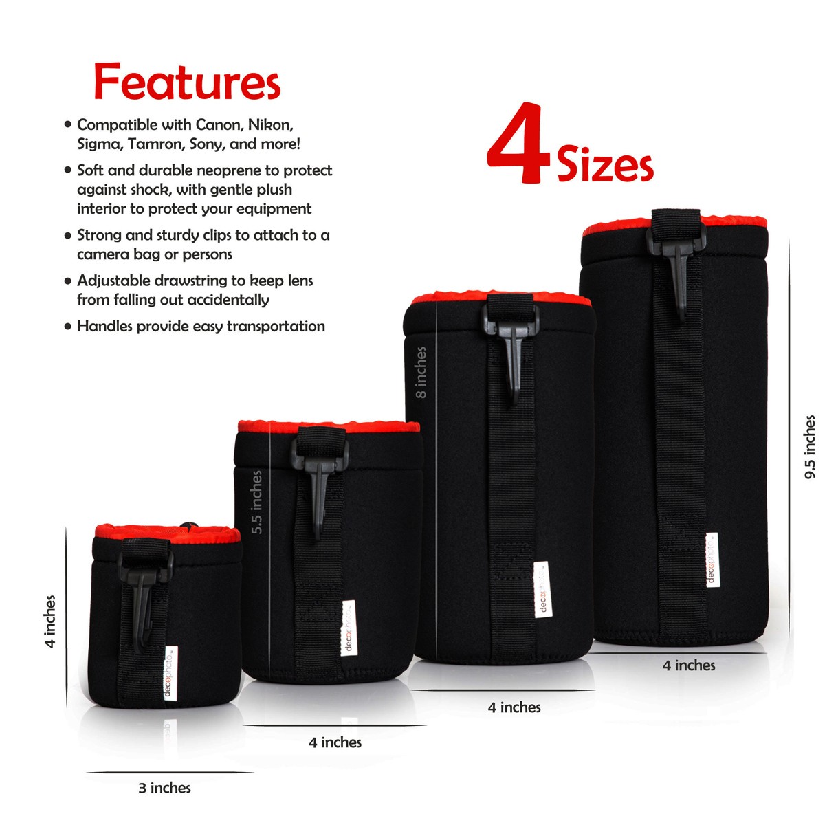 4 Pack Neoprene Lens Bag Protective Sleeve Water & Scratch Resistant Pouch Case