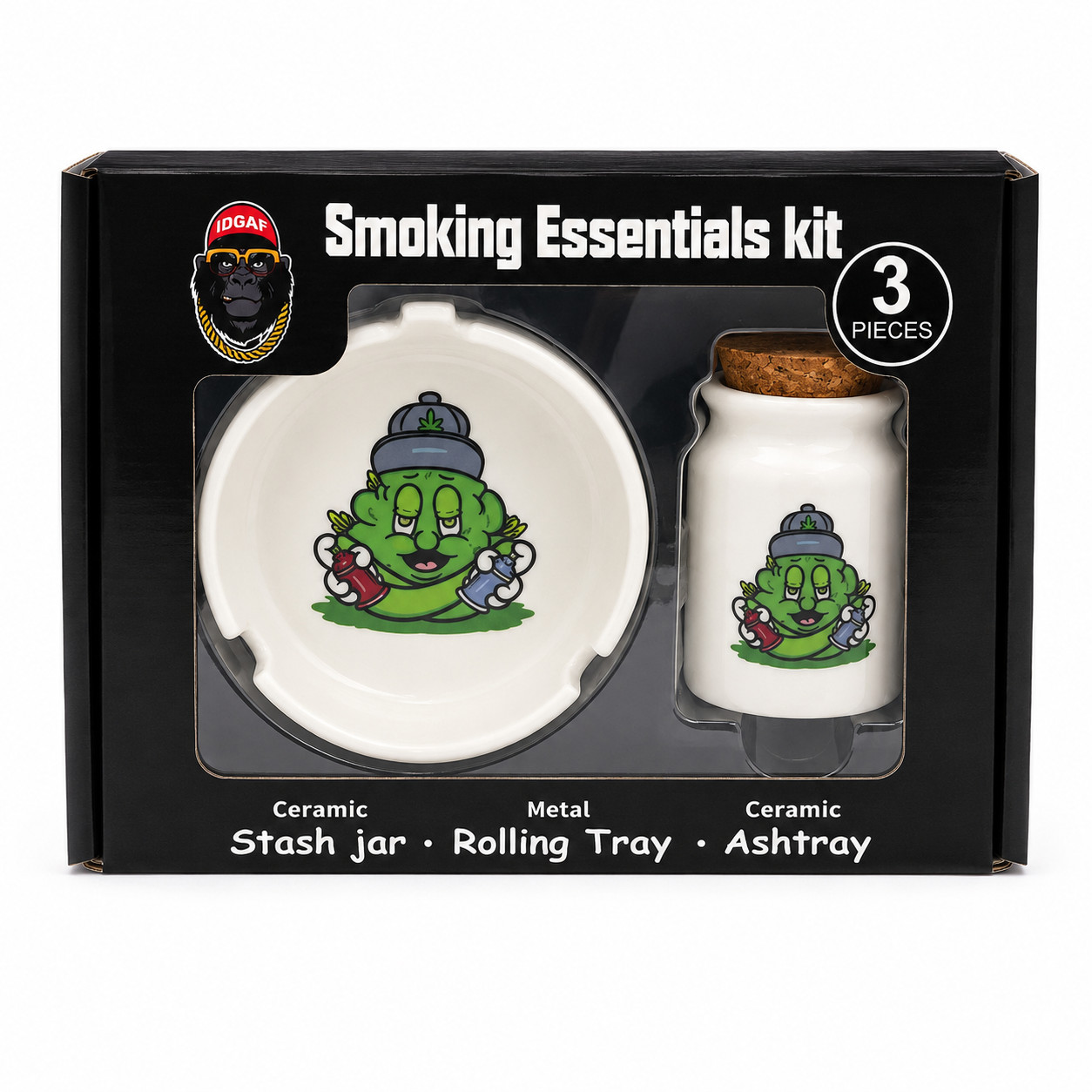SMOKING ESSENTIALS KIT | 3 PIECES | CERAMIC | 1 COUNT | CARTOON GREEN CHARACTER