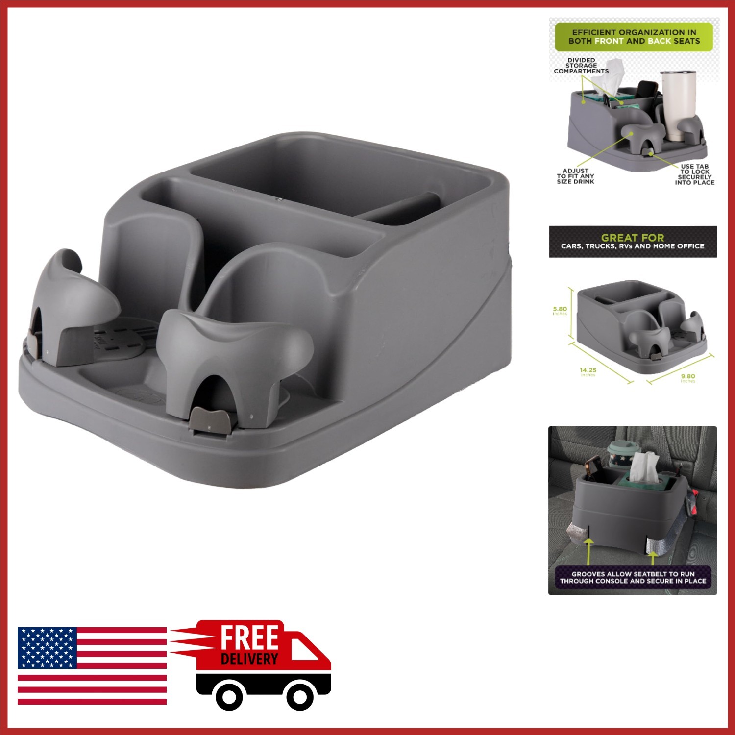 Automobile Storage Console with Easy Clean Design and Multiple Compartments