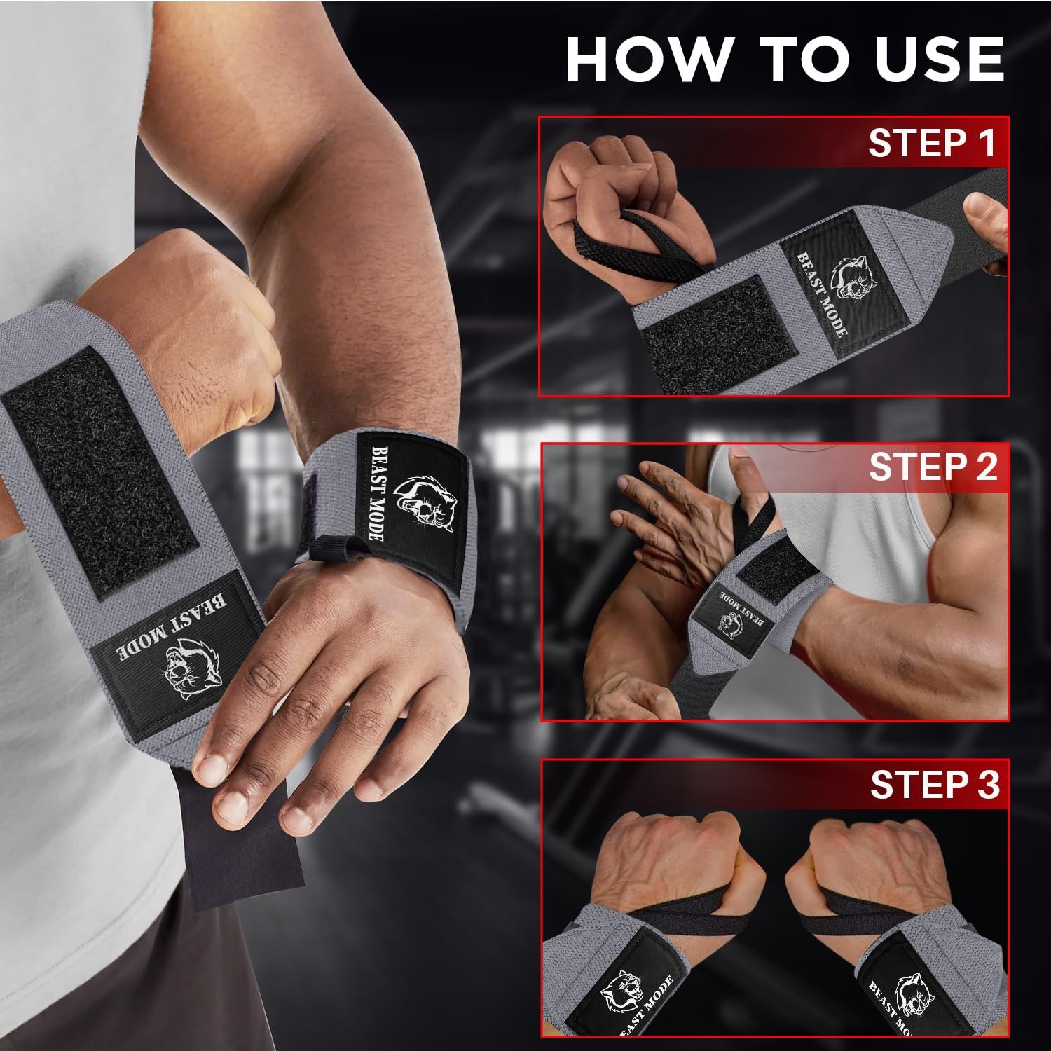 Weightlifting Wrist Wraps with Thumb Loop – Gray – Beast Mode – 12 inch – Hea...