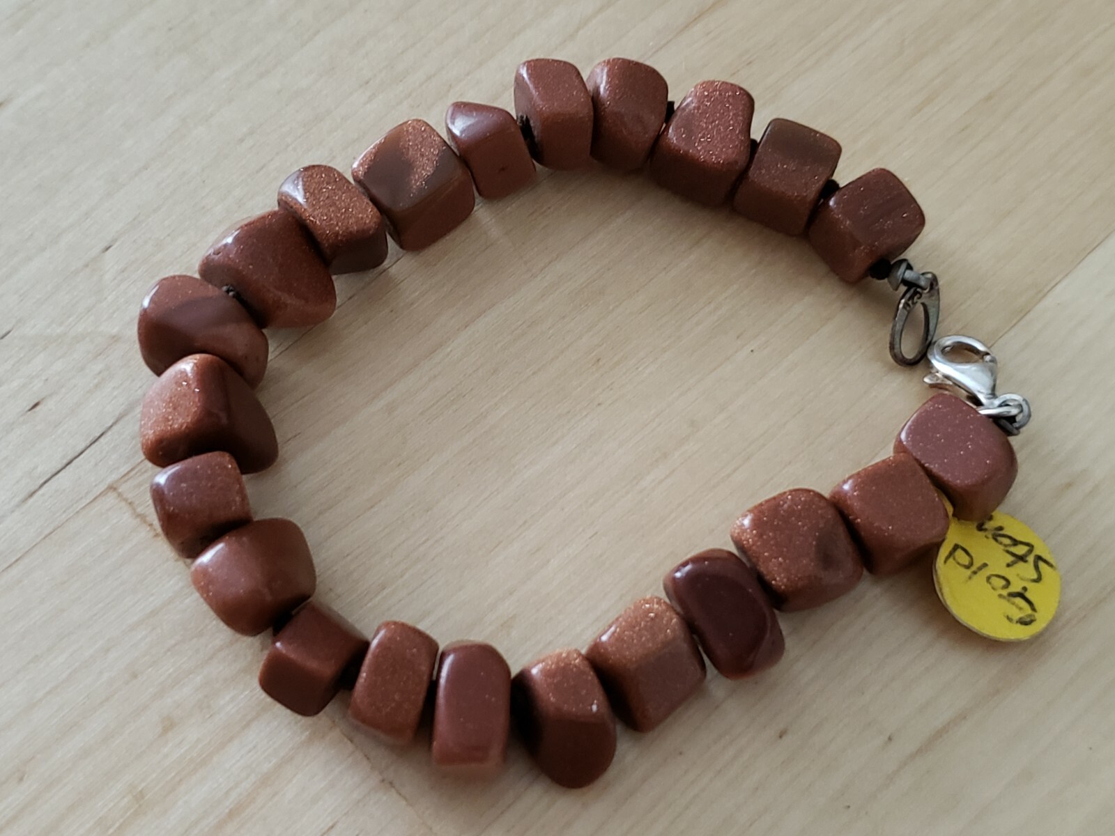 Hand- Made Genuine * GOLDSTONE* BRACELET 7.75" Long,9-10mm.Sterling 925 Lock-USA
