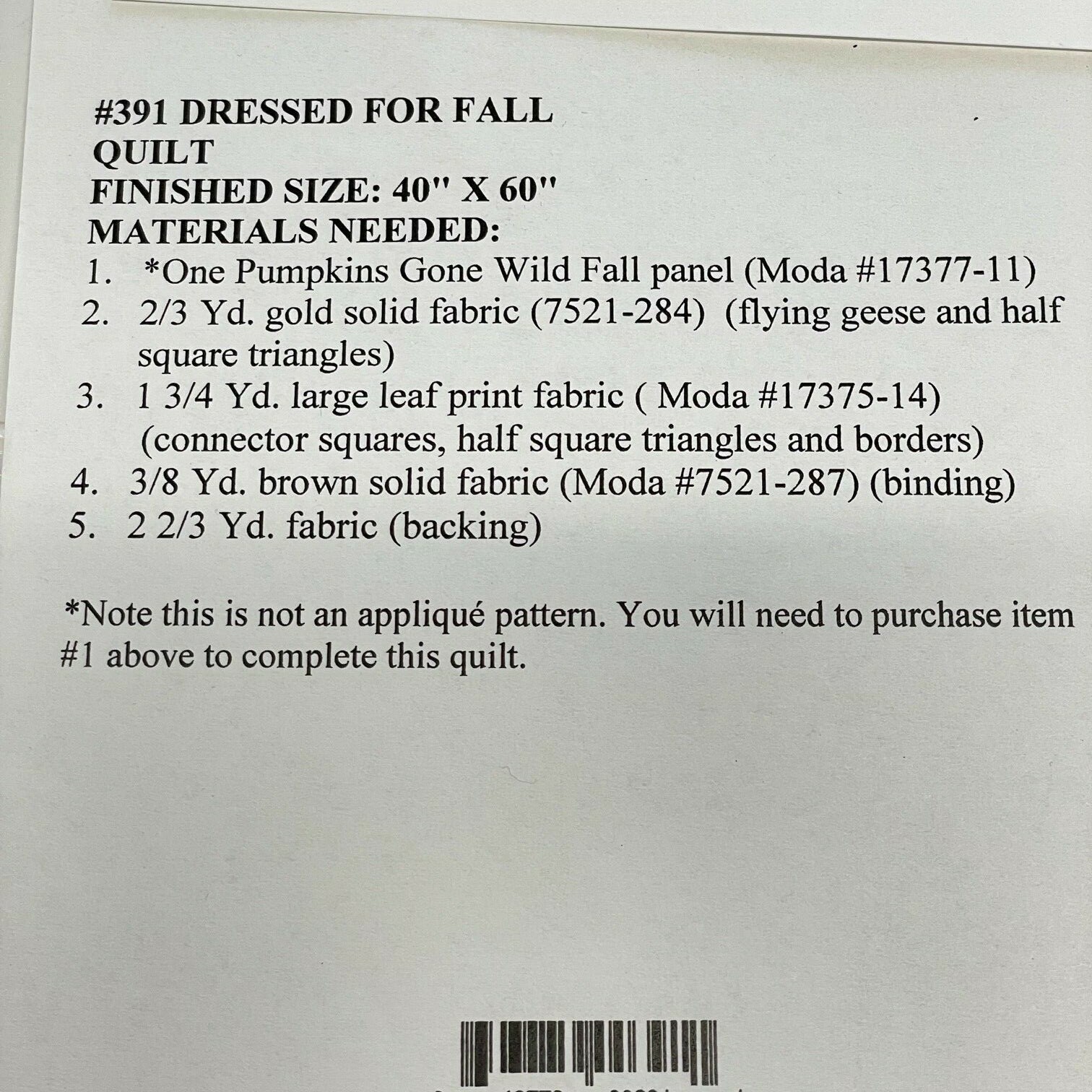 Quilt Size 40"x60" pattern Dressed for Fall Pieces from My Heart 40"X52" MODA