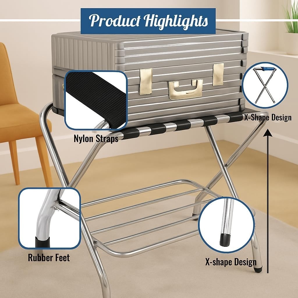 USTECH - Double-Tier Luggage Rack–Foldable with Lower Shelf