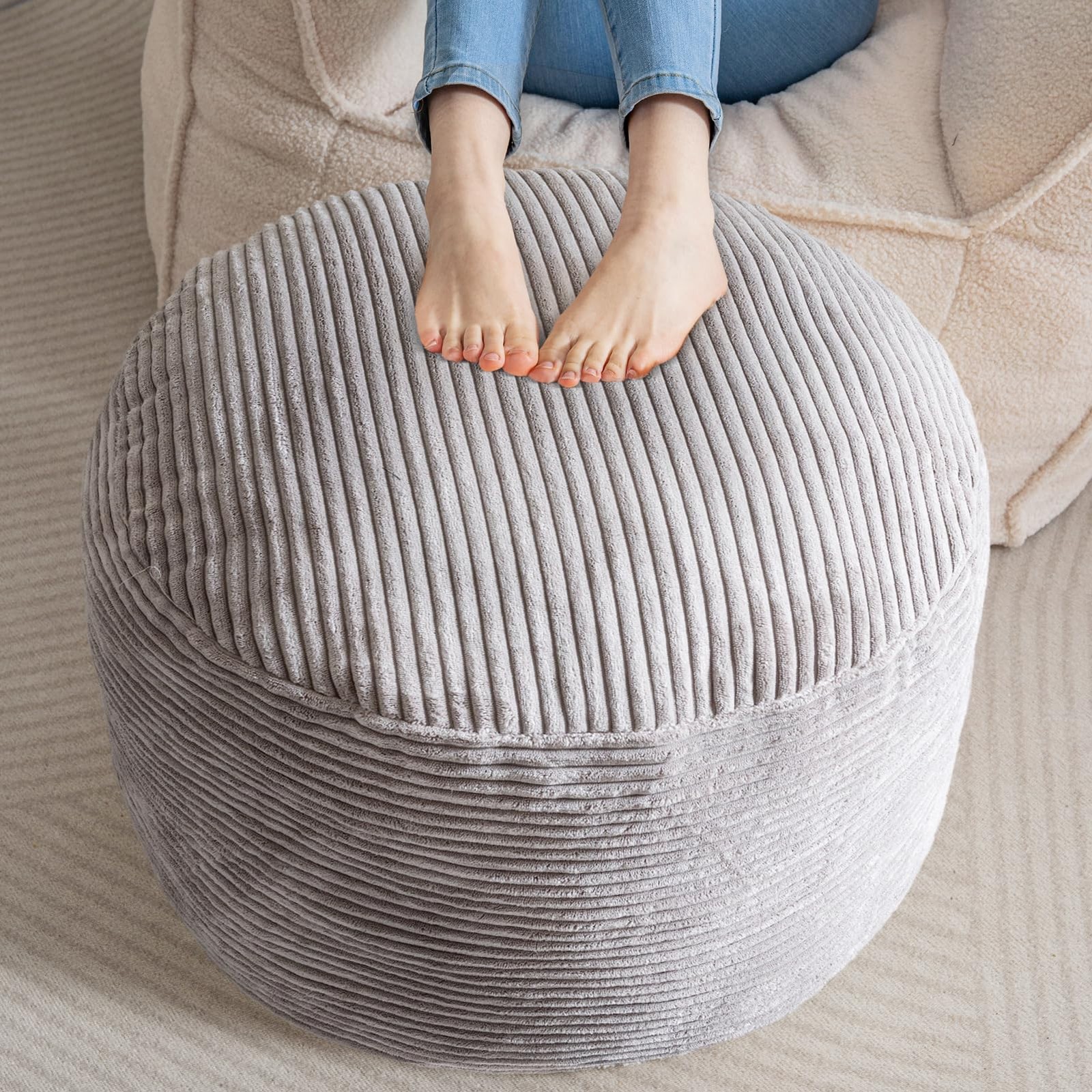 HIGOGOGO Round Stuffed Pouf Ottoman, Corduroy Poufs with Foam 26 inch, Grey