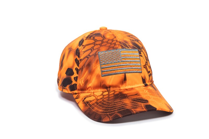 Kryptek Inferno Camo American Flag Patch Trucker Hat Structured, Mid Profile
