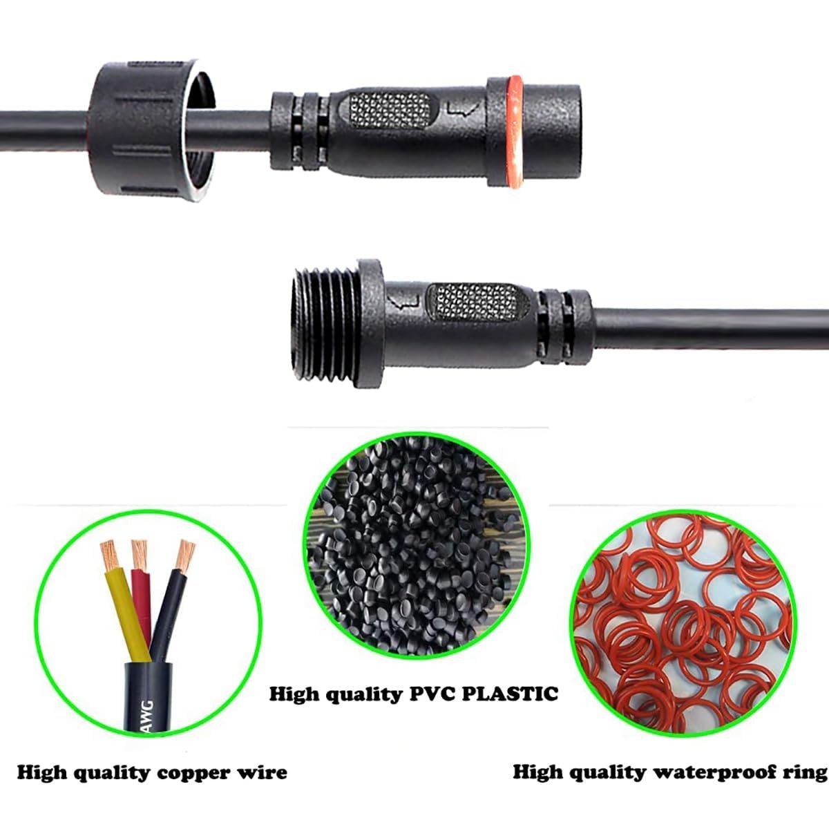 Waterproof LED Connector 2 Wire 16AWG 2 Pin IP68 Extension Cable 5 Pair Set