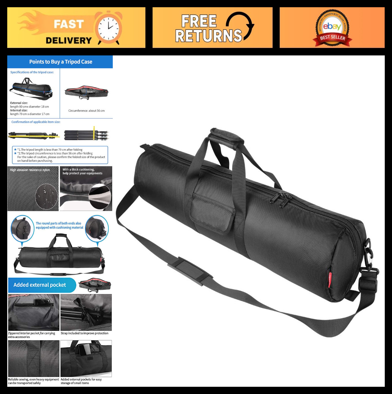Heavy Duty Tripod Bag 31.5x7 in with Shoulder Strap, Padded Case & Pockets