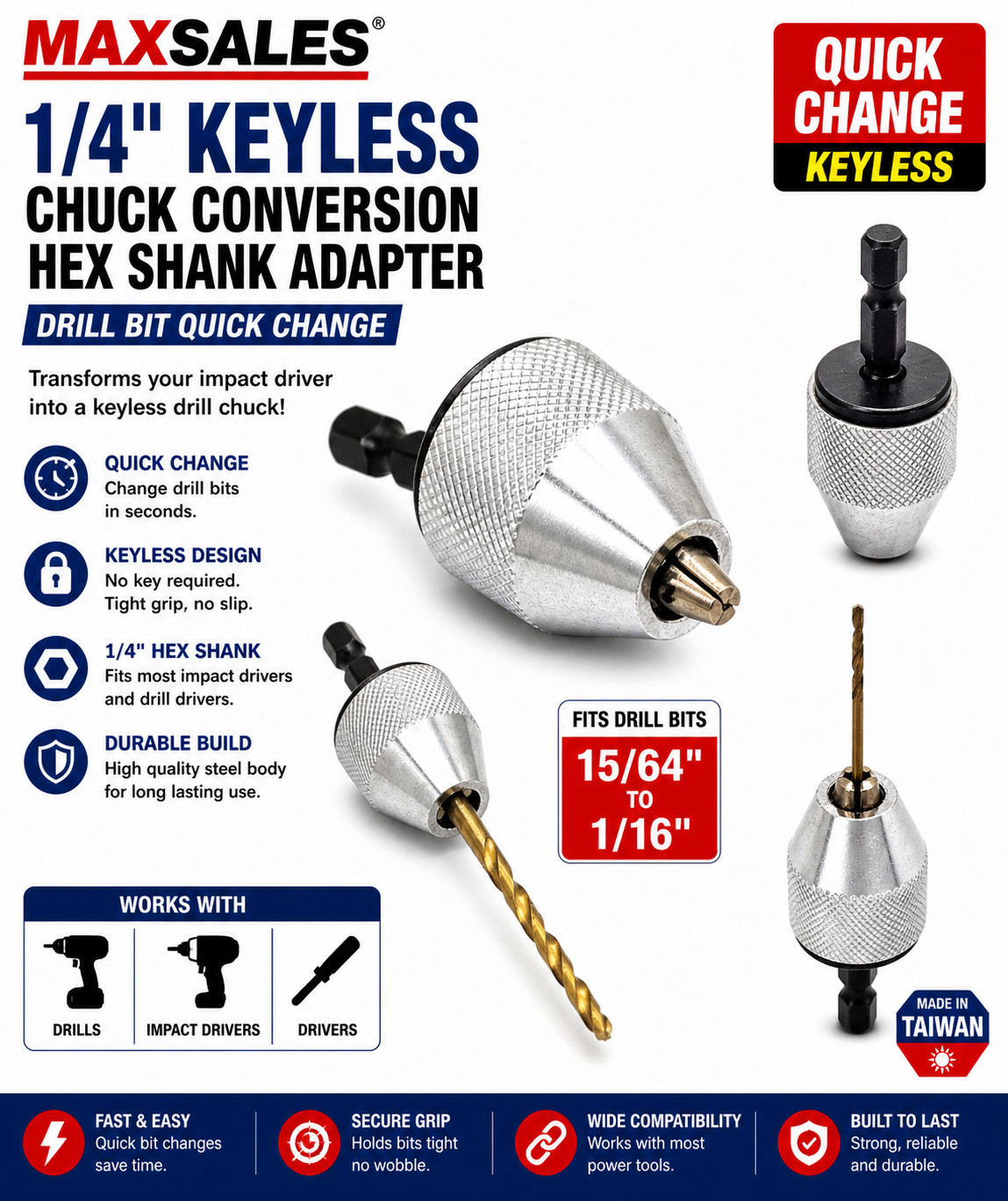 1/4" Keyless Chuck Conversion Hex Shank Adapter Drill Bit Quick Change TAIWAN