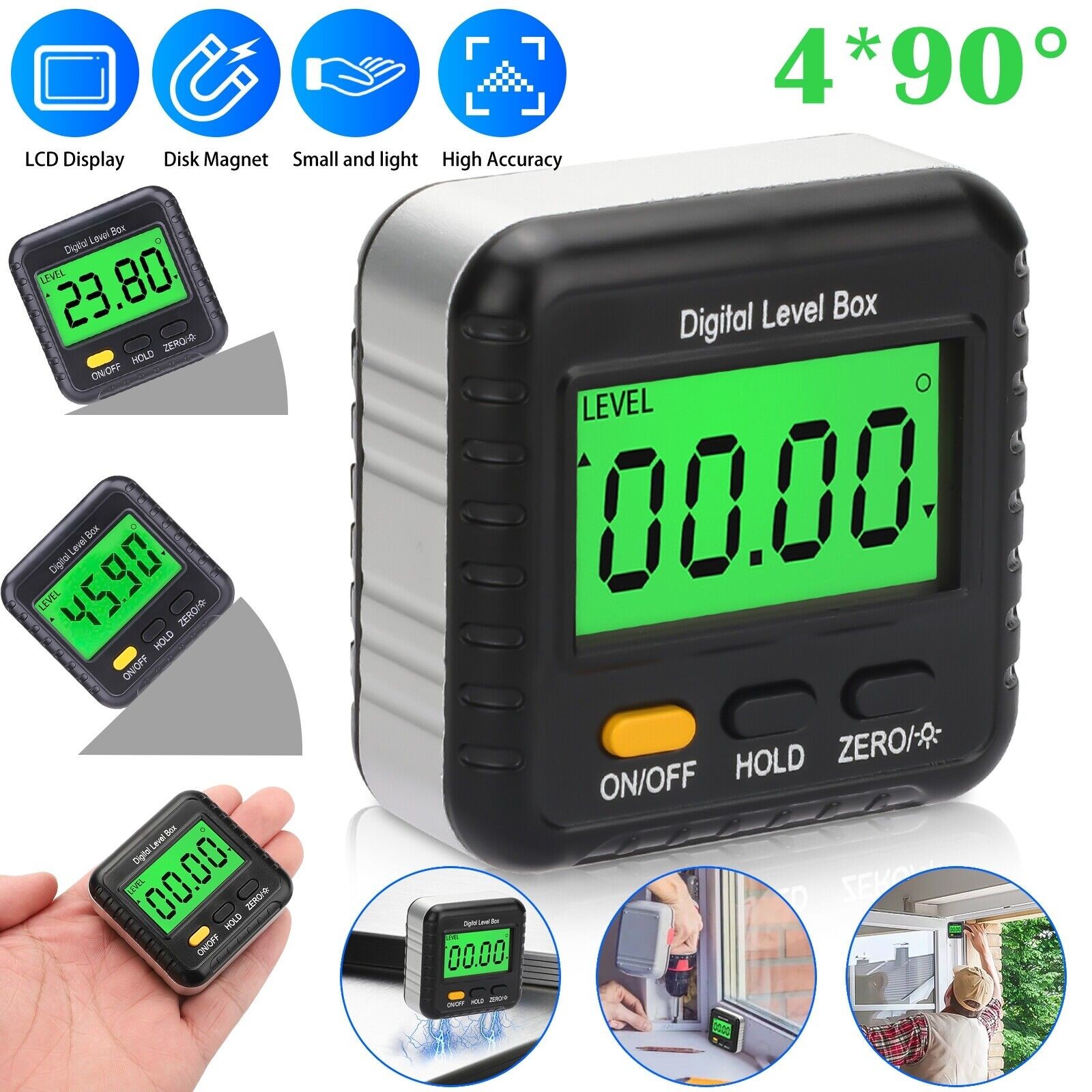 Portable 4*90° Magnetic LCD Digital Level Box Bevel Angle Measuring Tools