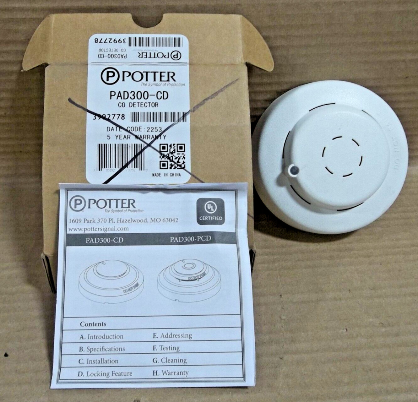 NEW POTTER  PAD300-CD  CO DETECTOR  NOB