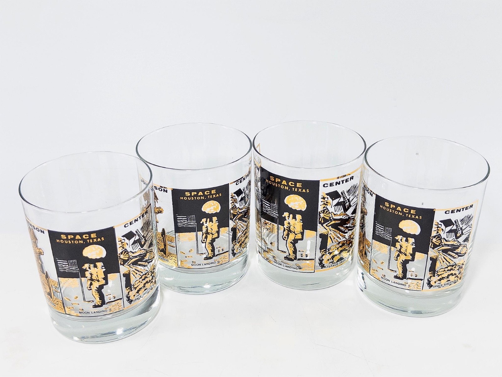 Vtg Moon Landing 4" Cocktail Glass Johnson Space Center Houston Texas, Set of 4
