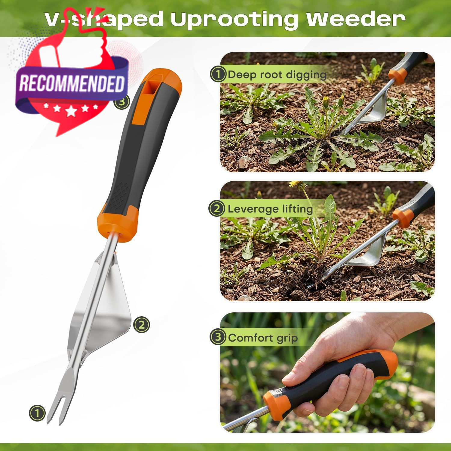 Weed Puller Tool 3 Pack Manual Root Remover Garden Lawn Weeding Black Orange