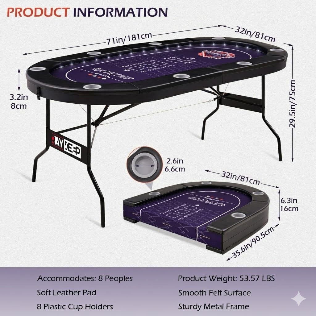 71" LED Poker Table - 8 Player Foldable Texas Hold'em Table
