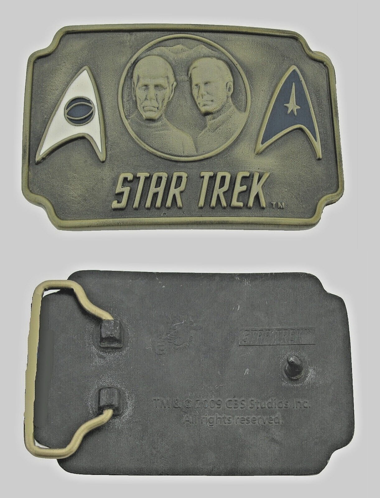 Vintage Star Trek Belt Buckle CAPTAIN KIRK & SPOCK Brass Metal PARAMOUNT LIVES!