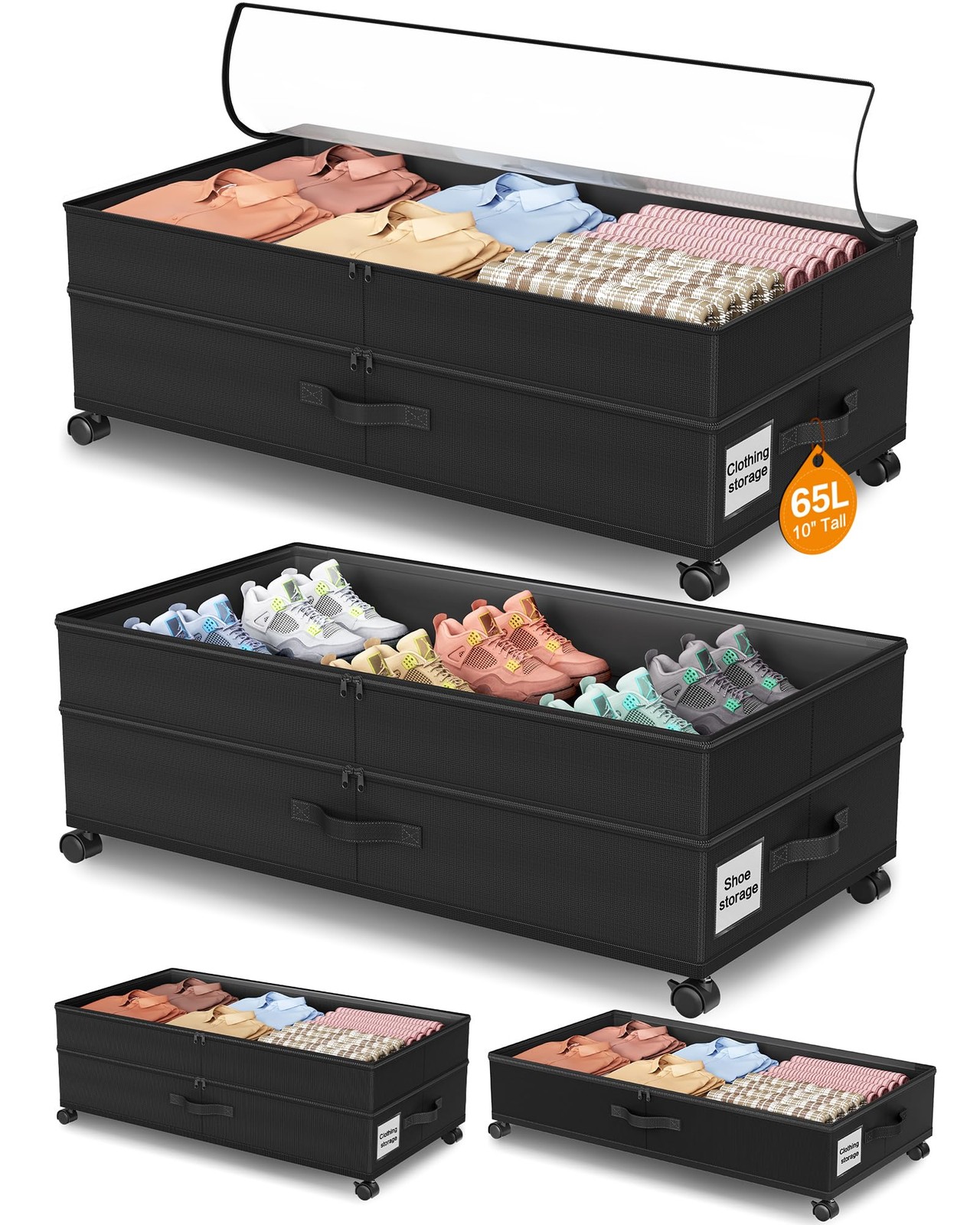 LeArex Under Bed Storage with Wheels,2Pack Underbed Shoe 2pcs, Black
