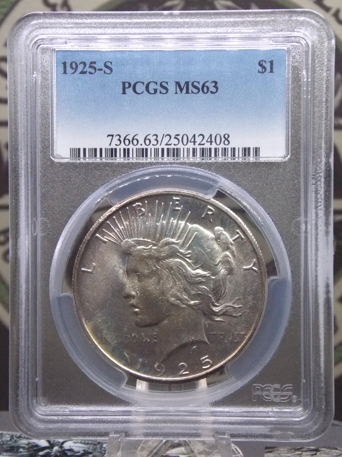 1925 "S" Peace SILVER Dollar $1 PCGS MS63 #408 Unc BU Uncirculated ECC&C, Inc.