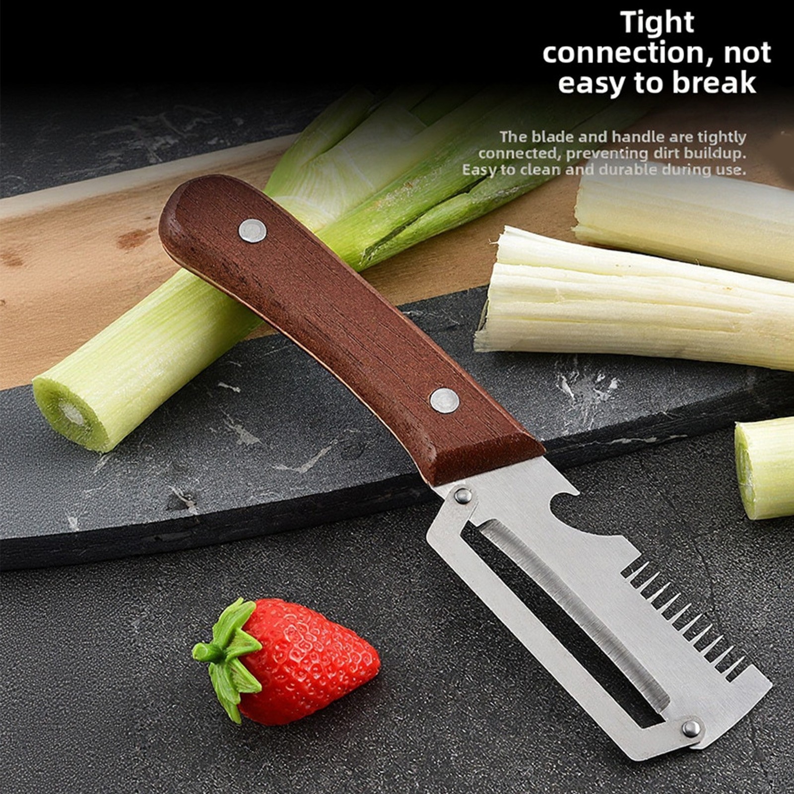 Kitchen Peeler with Wood Handle Stainless Steel Blade and Multi-Use Design