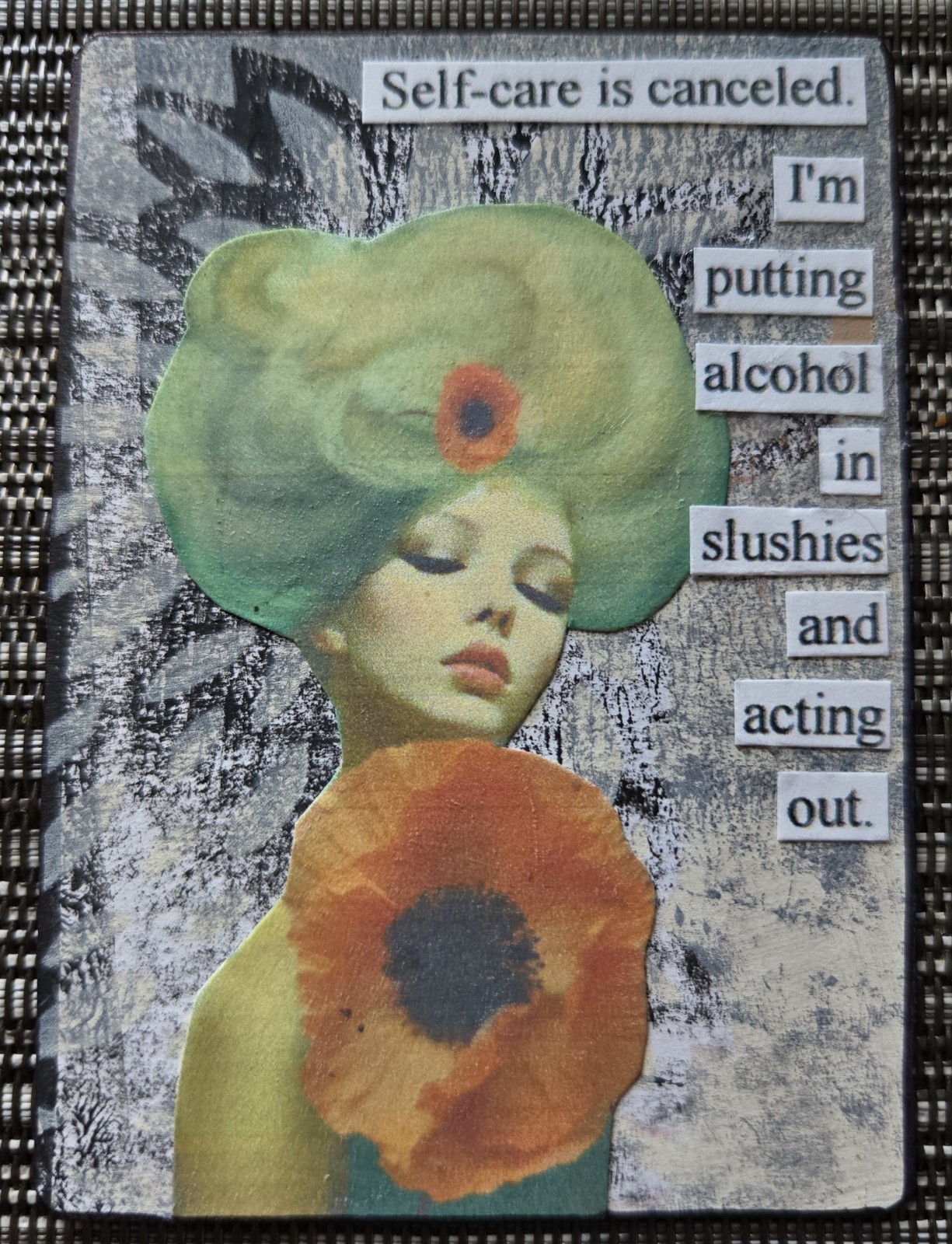 Mixed Media Collage Art Card ACEO ATC Snarky Woman Alcohol In Slushies