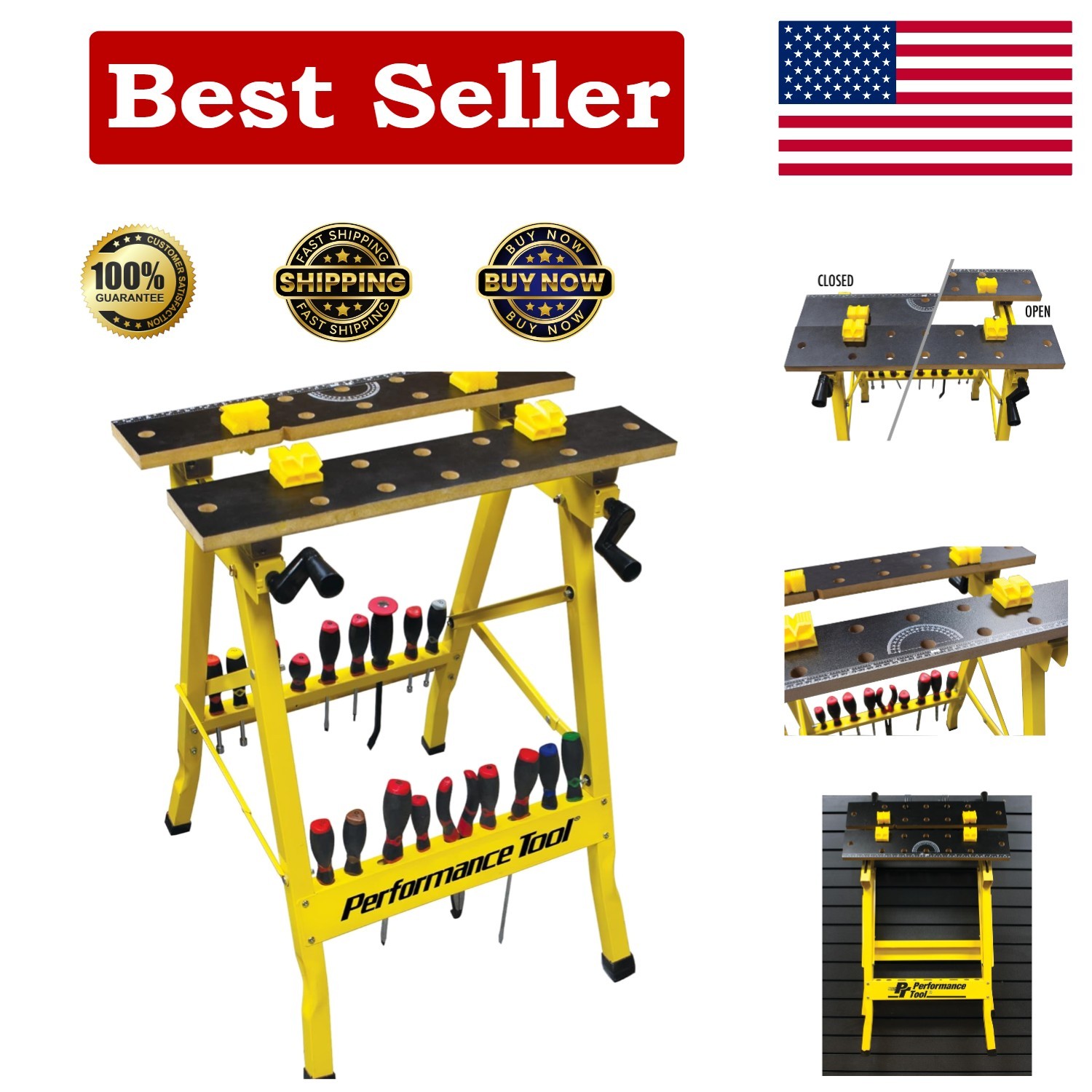 Lightweight Portable Workbench with One-Handed Vise - 200 lb Capacity Yellow