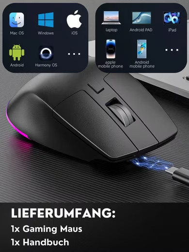 RGB Gaming Mouse Wireless Bluetooth USB-C 2400 DPI Ergonomic Vertical