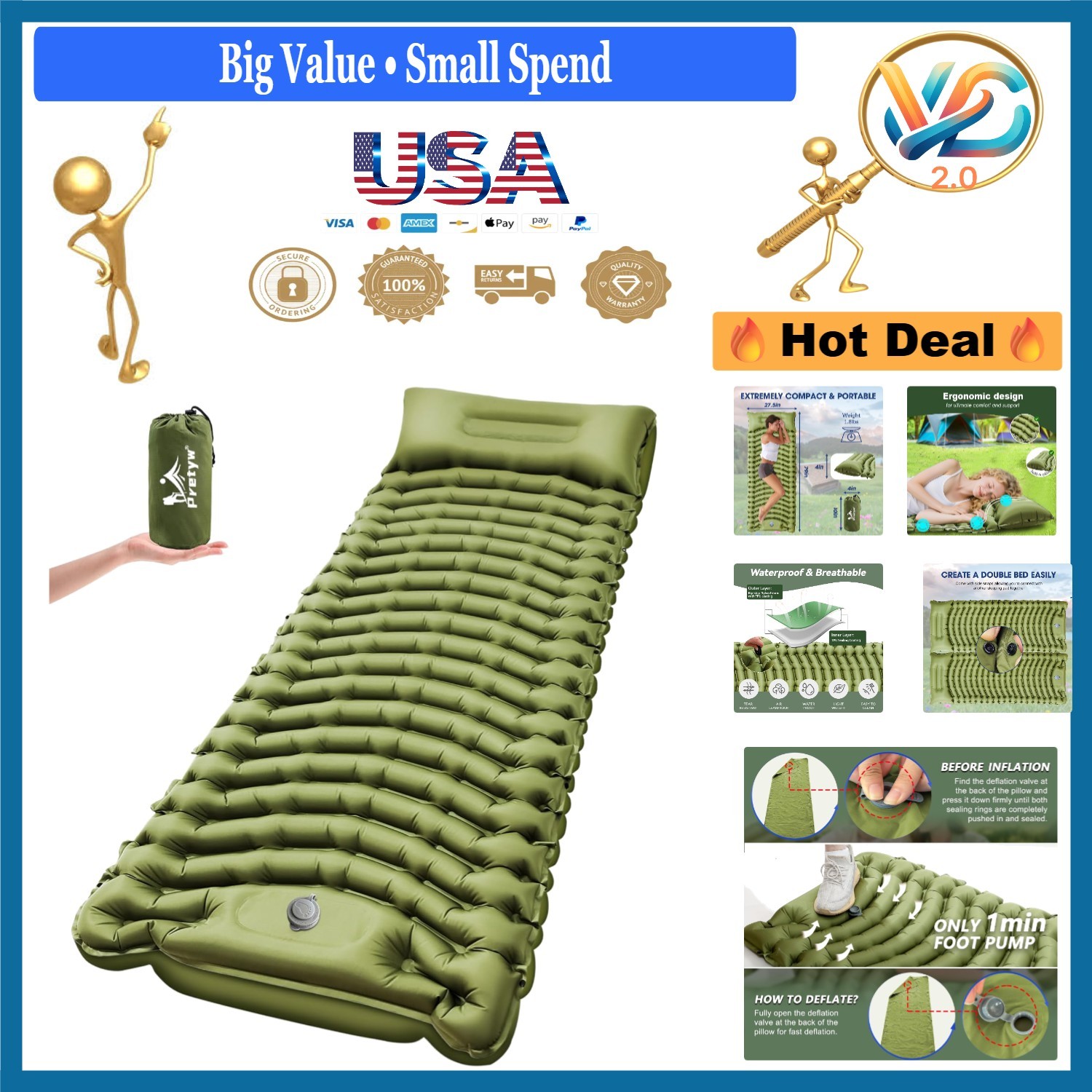 Ultralight Camping Sleeping Pad with Built-in Pillow Self-Inflating Waterproo...