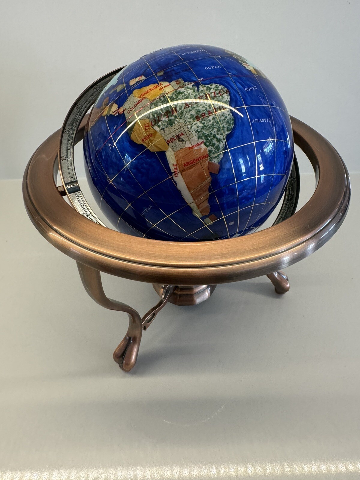 VINTAGE LAPIS LAZULI WORLD GLOBE DESK TABLE TOP GEMSTONES COPPER STAND COMPASS