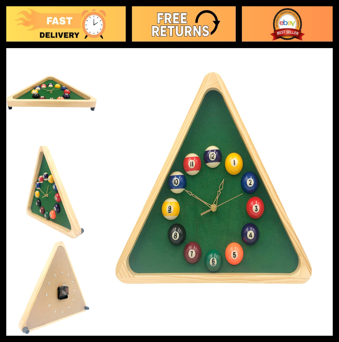 14-Inch Triangle Pool Table Wall Clock - Solid Wood Frame for Billiards Room, Ga