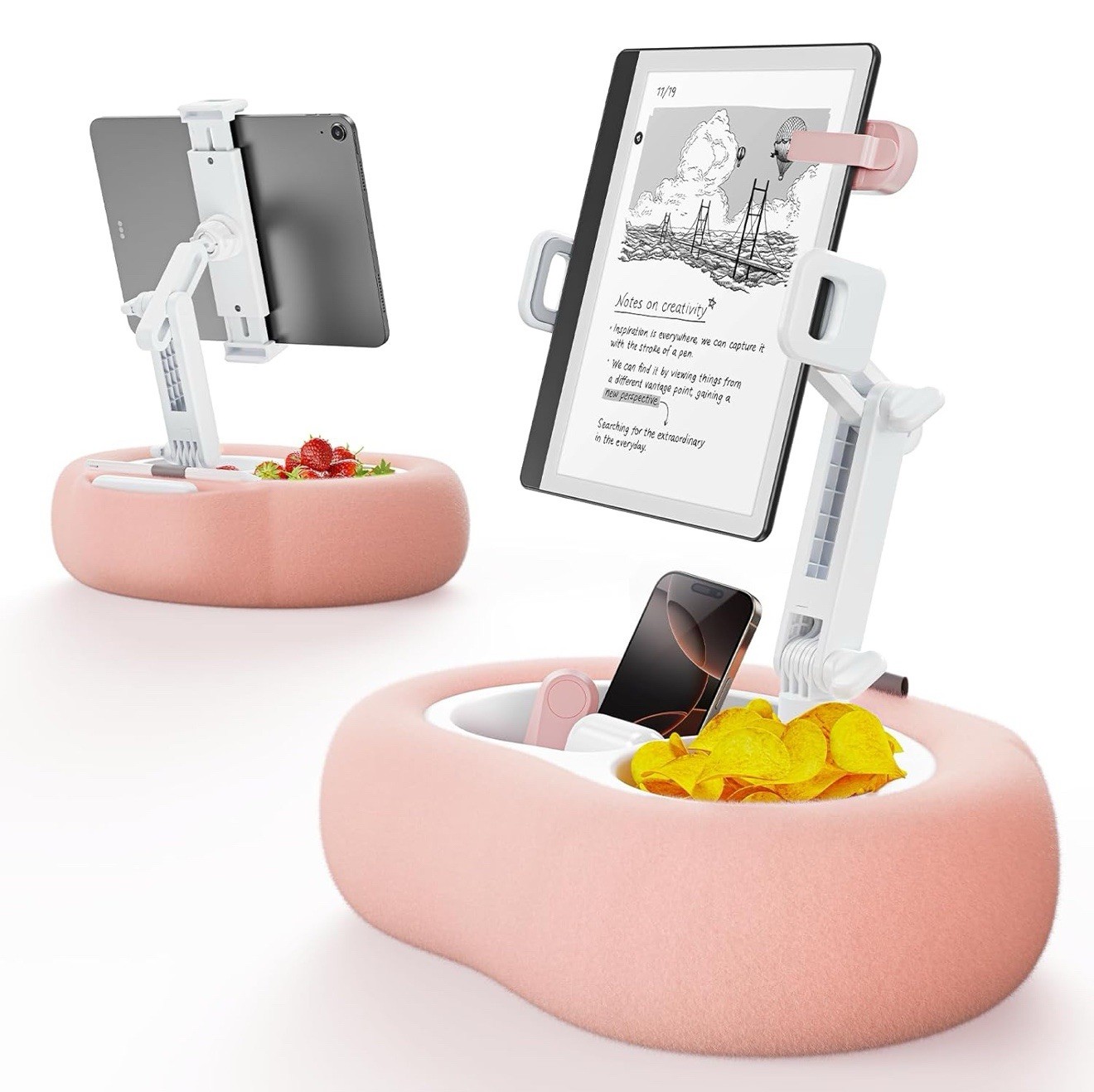 Tablet Kindle Pillow Stand Holder  2 Snack Trays Fit 4''-13'' Pink Plush Fabric
