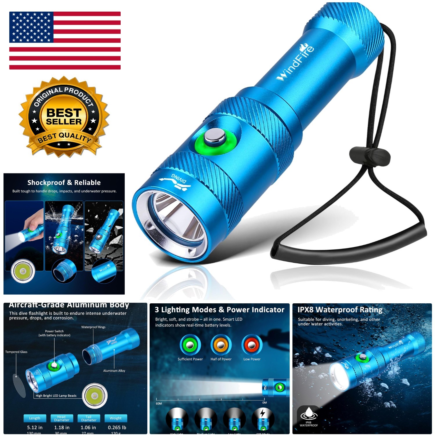 Sleek Blue Rechargeable Dive Torch - 5000 Lumens, Waterproof & Impact Resistant