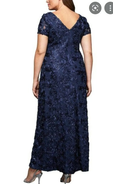 NWT Alex Evenings Short Sleeve Lace Sequin Rosette A-Line Gown Navy Dress Sz 14W