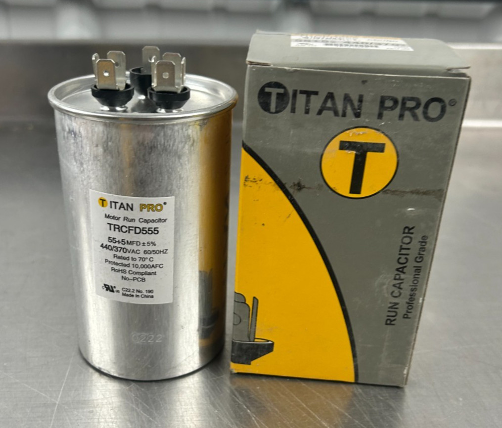 Titan Pro TRCFD555 Capacitor 55/5 µF ±5%, 440/370V AC Round Motor Run HVAC NEW