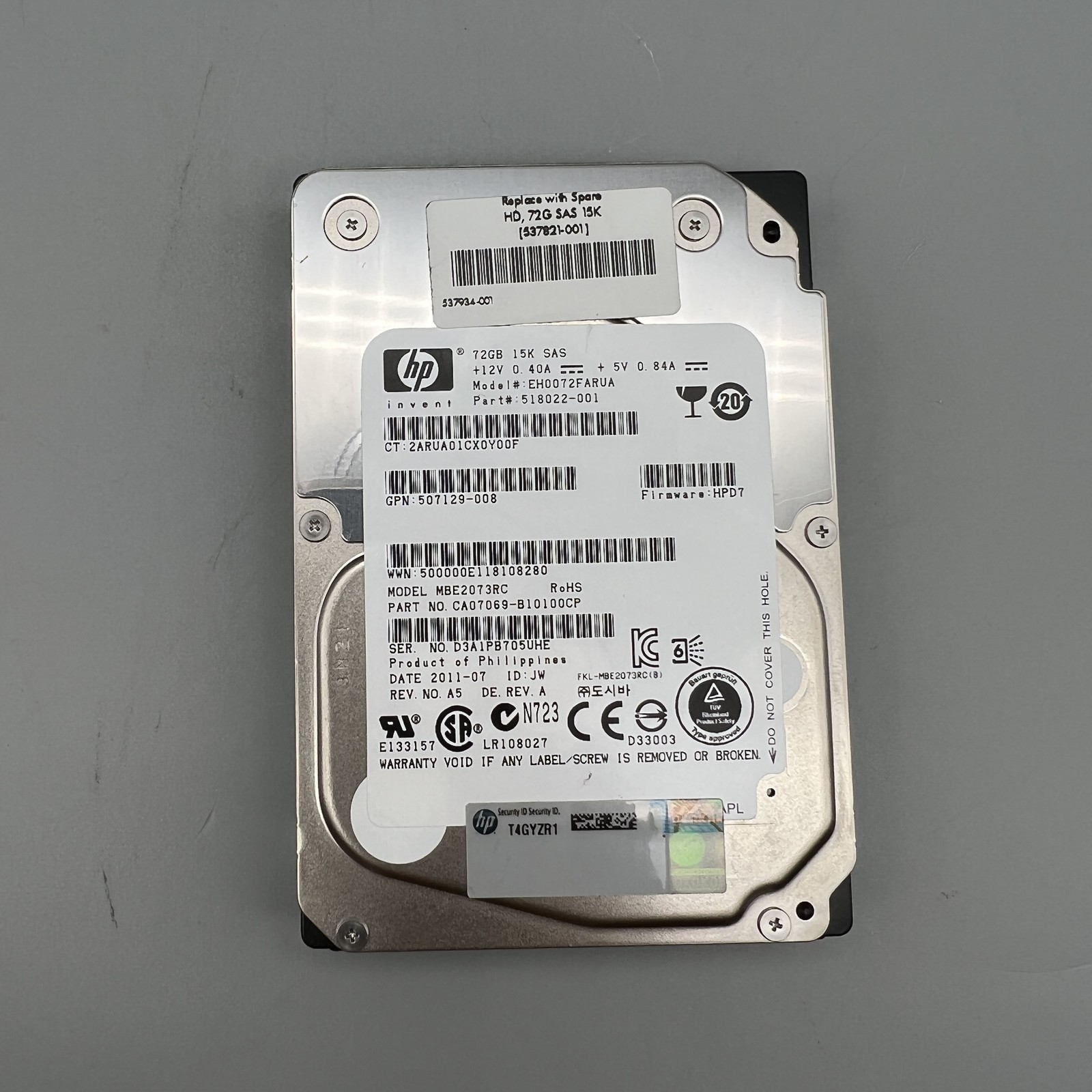 HP 72GB 15000RPM SAS 2.5-inch HDD 518022-001 507129-008 EH0072FARUA 537821-001