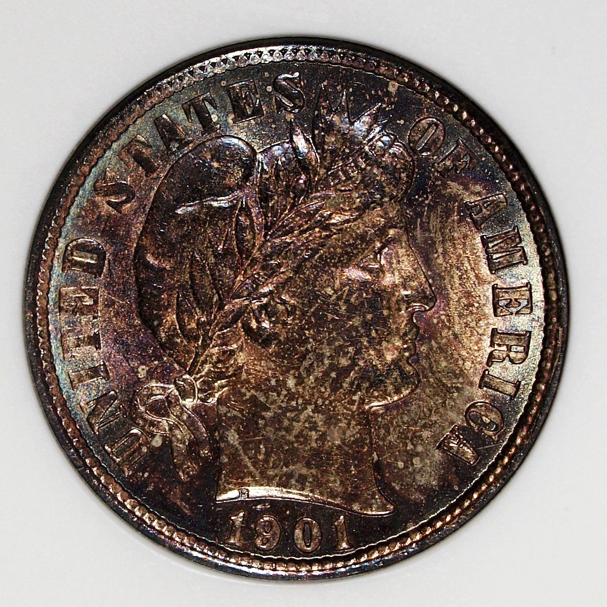 1901 P ANAC's MS 61 Silver Barber Dime ☆☆ Soapbox Holder ☆☆ Iridescent Colors