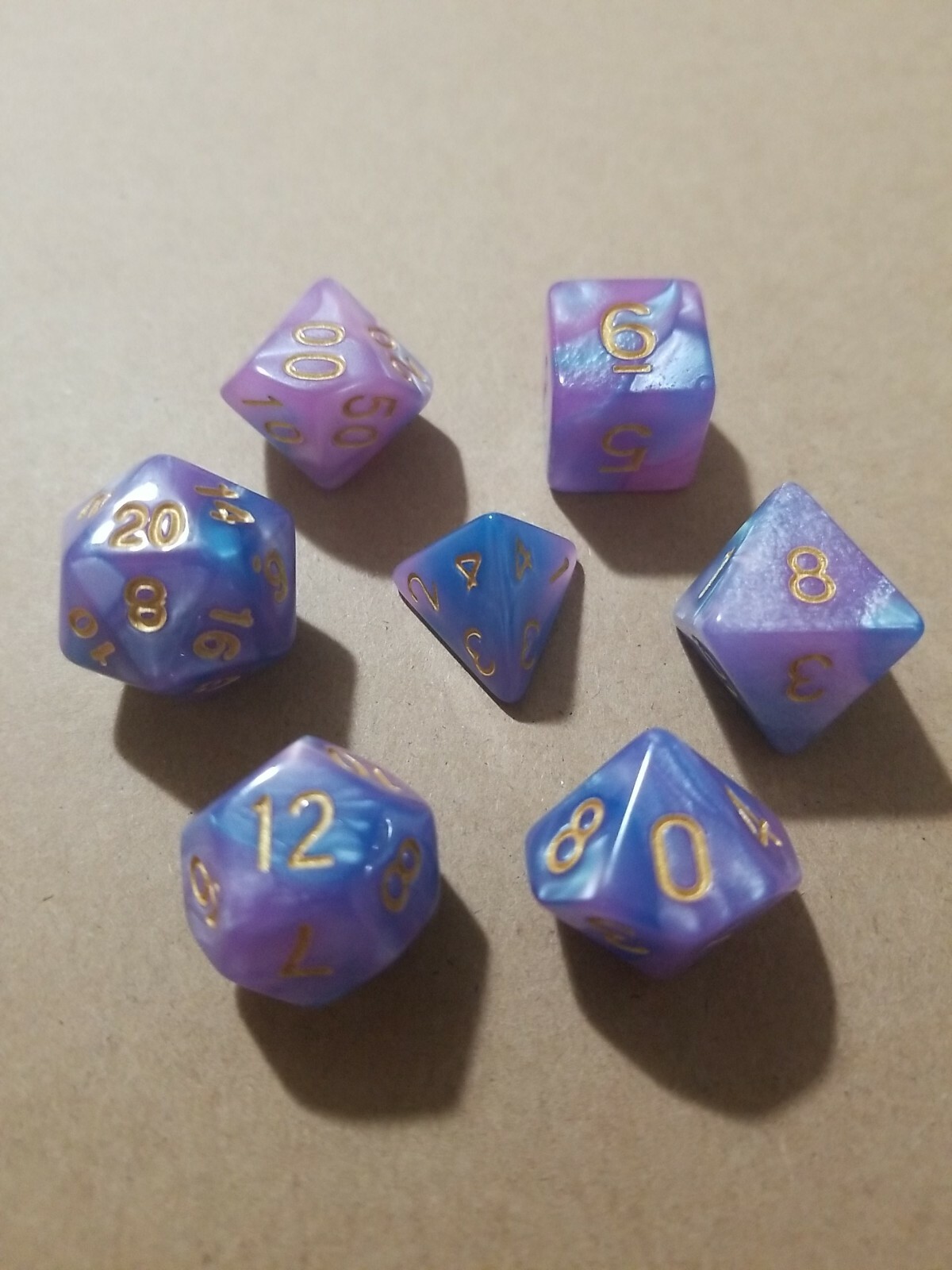 Polyhedral Gaming 7Pc Dice Set Blue/Pink Swirl; DnD, Roleplaying, FREE SHIPPING