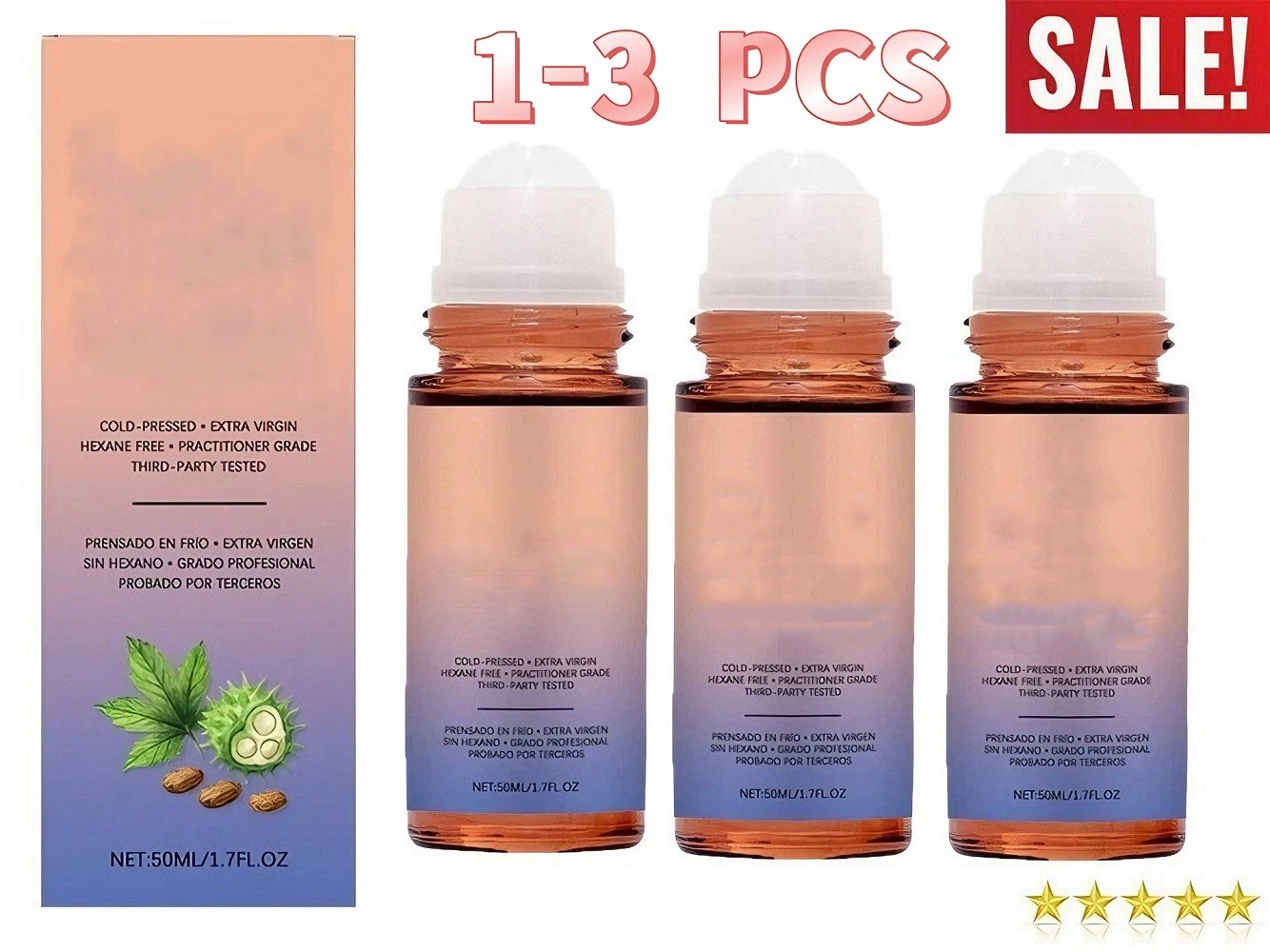 1~3x Organic Golden Castor Oil Roll-On with Rose Quartz for Skin,Hair&Wrinkle