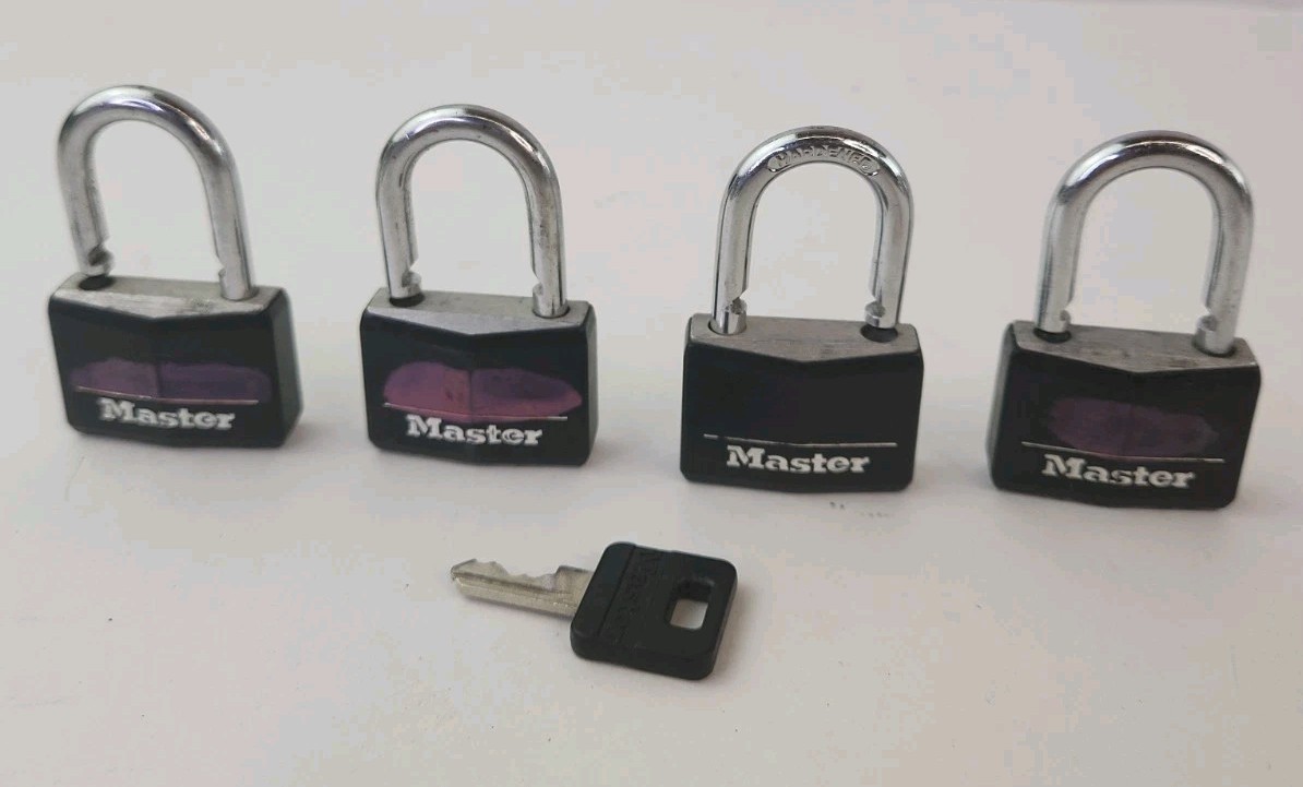 Master Lock Keyed Padlock Black for outdoors three locks One Key Opens All Set 4