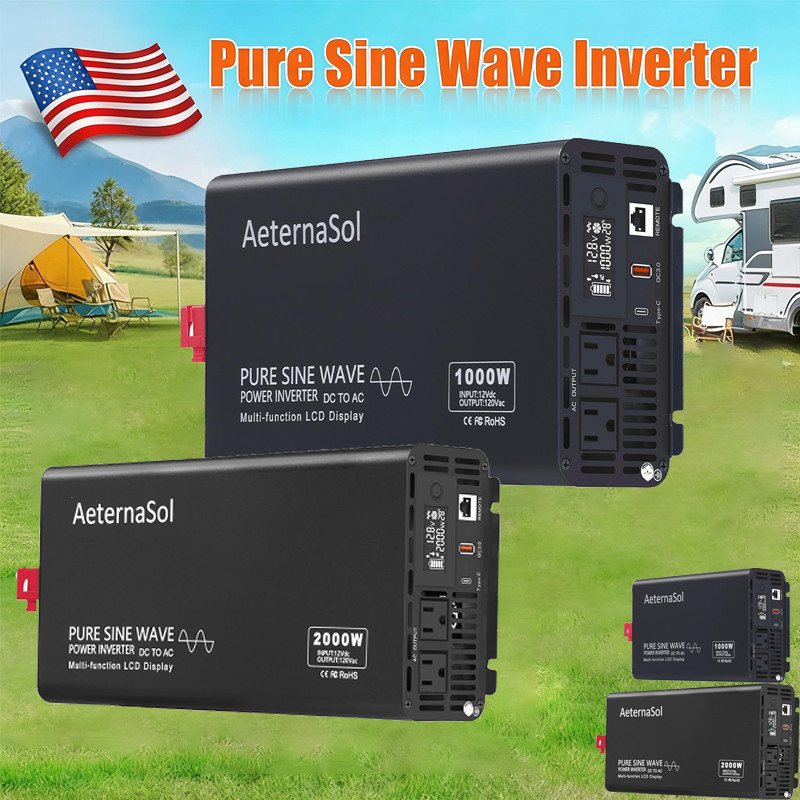 Pure Sine Wave Power Inverter 1000W 2000W 12V to 110V Converter Off Grid RV Car