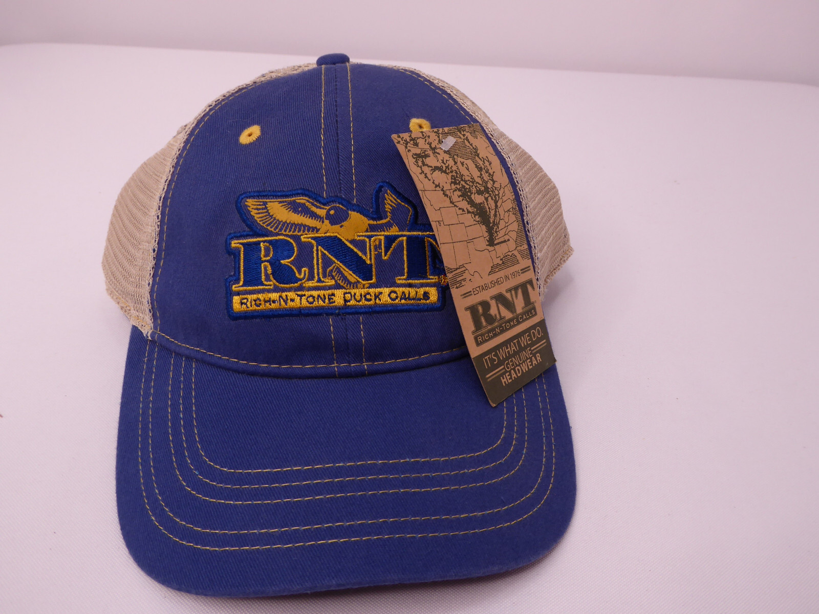 RNT Rich-N-Tone Duck Calls Blue Tan Mesh Back Trucker Baseball Hat Cap NWT
