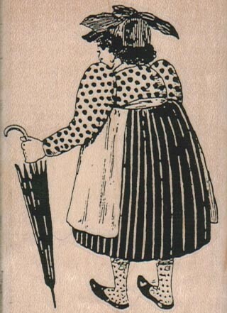 Squat Lady With Umbrella 2 1/4 x 3" Rubber Stamp, Woman Stamp, People Stamp