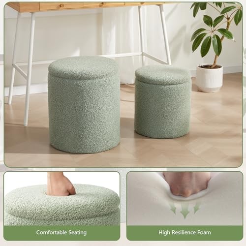 Boucle Round Ottoman with Storage Set of 2,Small Foot Stool Boucle-green