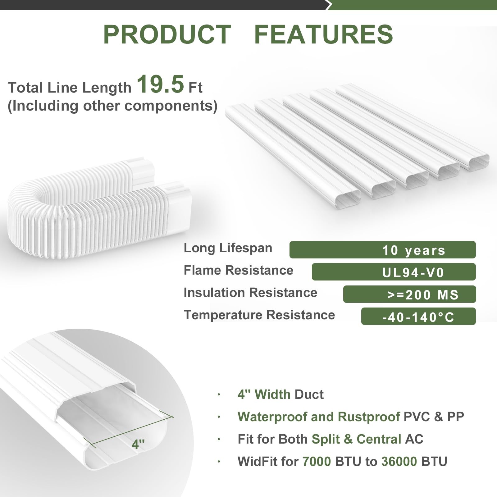 4" 19.5Ft Mini Split Line Set Cover, Line Cover Kit for Mini Split and Centra...